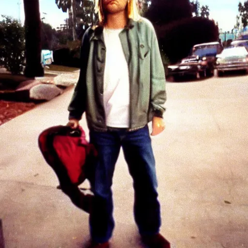 Image similar to this is me as kurt cobain, a photograph from 1 9 9 0 taken at sunset plaza, hollywood, on halloween