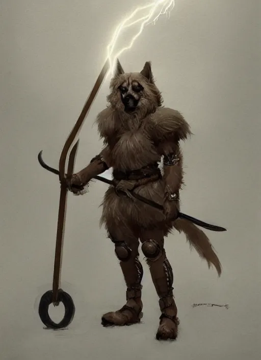 Prompt: A humanoid dog in heavy armor, brown and white fur, holding a green Scythe . In style of Hyung-tae Kim, Greg Rutkowski and Larry Elmore, concept art, trending on ArtStation, Korean MMORPG, over-detailed art, 8K, epic, dynamic lightning, scenery.