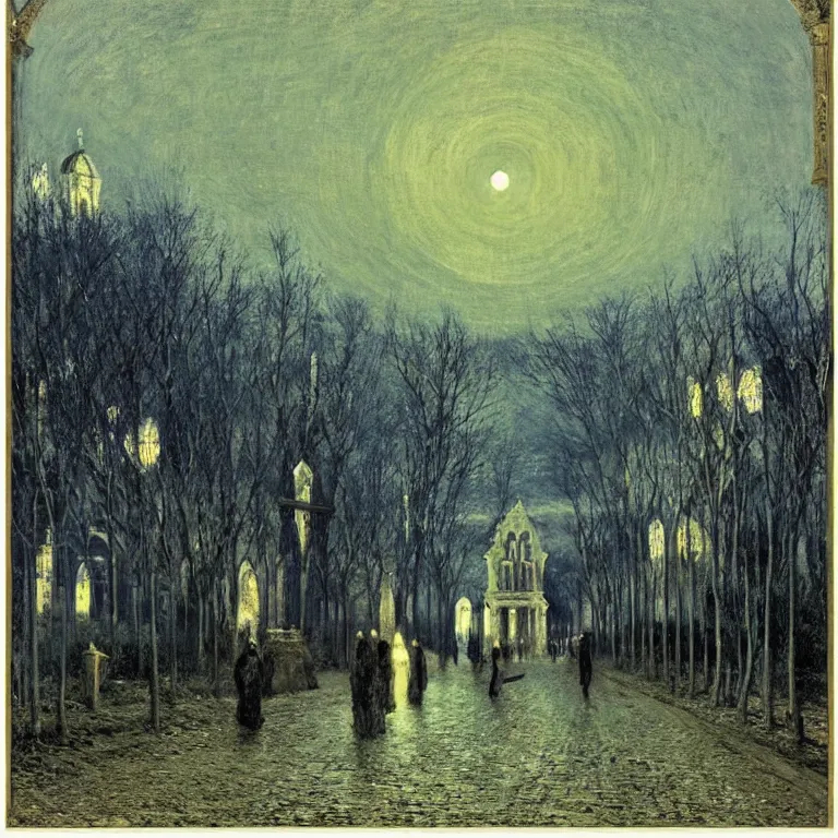 Prompt: A Holy Week procession of souls in a Spanish landscape at night. A figure at the front holds a cross. El Greco, John Atkinson Grimshaw. Blue tint.