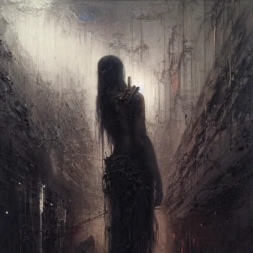 Image similar to cyberpunk dreaming by gustave dore and gustave moreau and beksinski and giger and craig mullins and jeremy mann