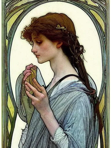 Image similar to a painting of a beautiful angel by rebecca guay and by john william waterhouse and by arthur rackham and by alphonse mucha, art noveau, detailed, proportional