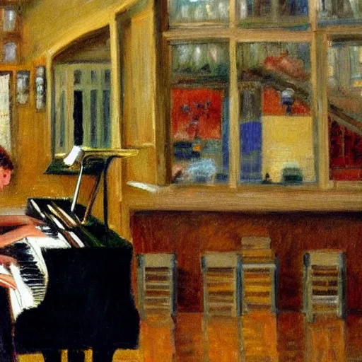 Prompt: A pianist playing piano on a rainy day in a coffee shop. There is a decent amount of people watching and enjoying the music, Impressionism art