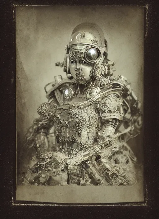 Image similar to old wetplate daguerreotype frame portrait of a futuristic silver armored geisha district 9 cyborg, fractal, intricate, elegant, highly detailed, subsurface scattering, by jheronimus bosch and greg rutkowski and louis jacques mande daguerre