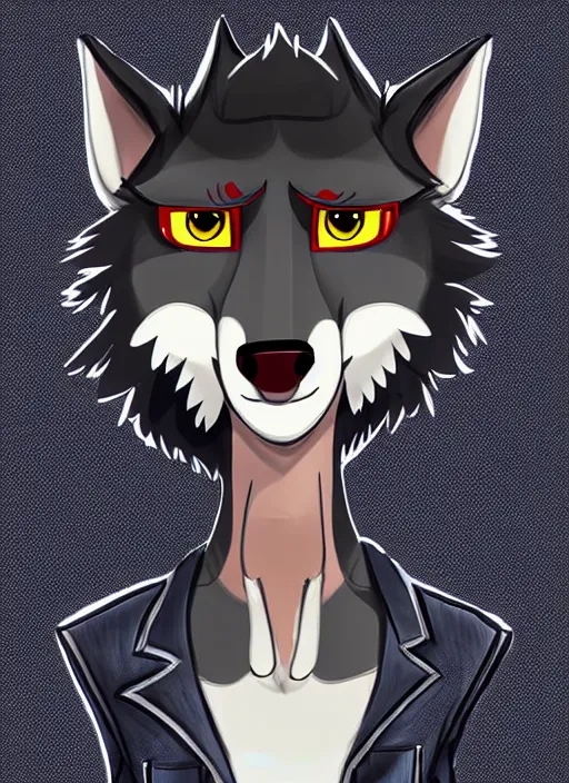 Image similar to expressive stylized master furry artist digital colored pencil painting full body portrait character study of the wolf ( sergal ) small head big eyes toon fursona animal person wearing clothes jacket and jeans by master furry artist blotch