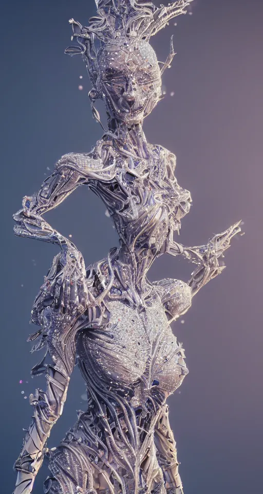 Image similar to full body detailed, ethereal, biomechanical, covered in diamonds and other gems glowing, highly detailed face, elegant posed, intricate, extremy detailed, beeple, cgsociety, 3 d unreal engine octane render. cinematic lighting, highly detailed 4 k art