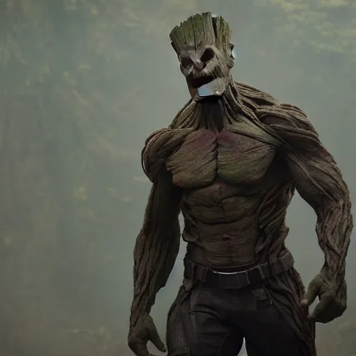 Image similar to first shot of the rock as groot in new guardians of the galaxy, ( eos 5 ds r, iso 1 0 0, f / 8, 1 / 1 2 5, 8 4 mm, postprocessed, crisp face, facial features )