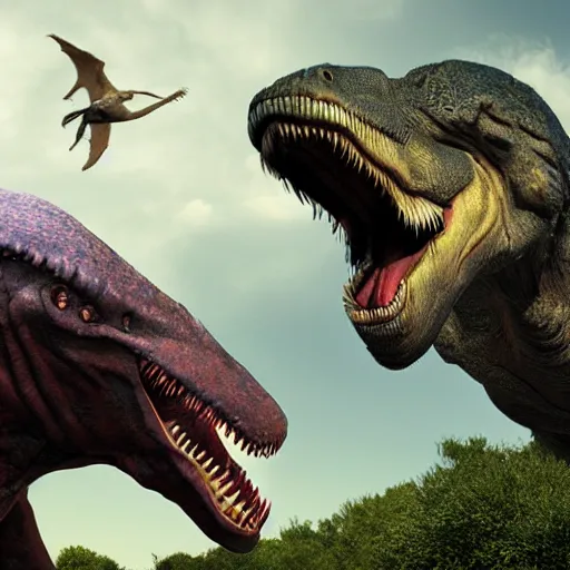 Prompt: A realistic photo of a mixture of Human and Tyrannosaurus, hyper-realistic, 8K HDR.