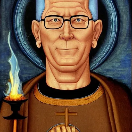 Prompt: hank hill in a white tshirt as the saint of propane surrounded by blue fire, renaissance religious painting, painting by carlo crivelli, late gothic religious paintings, byzantine religious art, trending on artstation
