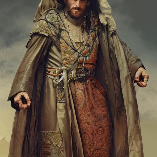 Image similar to highly detailed picture of a man with holes in his robes, religious man wearing clothes with huge rips, destroyed clothes, medieval background, mystic, d & d, fantasy, intricate, elegant, highly detailed, digital painting, artstation, concept art, smooth, sharp focus, illustration, art by artgerm and greg rutkowski and alphonse mucha