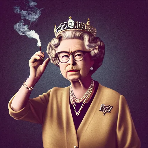 Prompt: hipster Queen Elizabeth II smoking a joint, pixar artstyle, wide shot, dramatic lighting, octane render, hyperrealistic, high quality, HD, cinematic