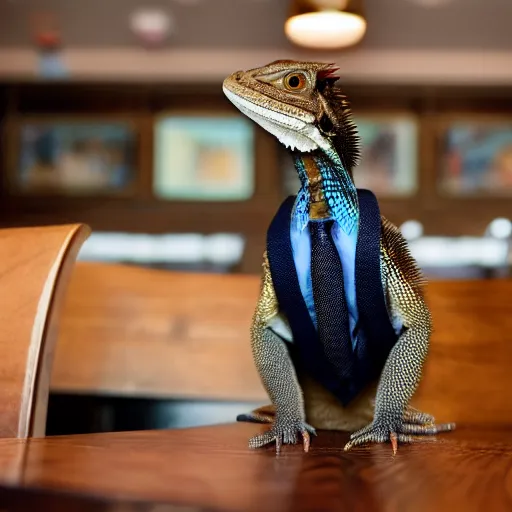 Prompt: a bearded dragon standing up, wearing a suit and tie in a restaurant.