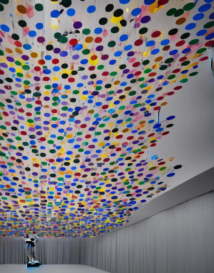 Image similar to high fashion close - up of a slick fashionable zara raincoat floating suspended mid - air over a wet rainy contemporary lighting art installation designed by olafur eliason, okuda, shot by steven meisel, denis villeneuve, wes anderson, lily frank, symmetry, rule of thirds