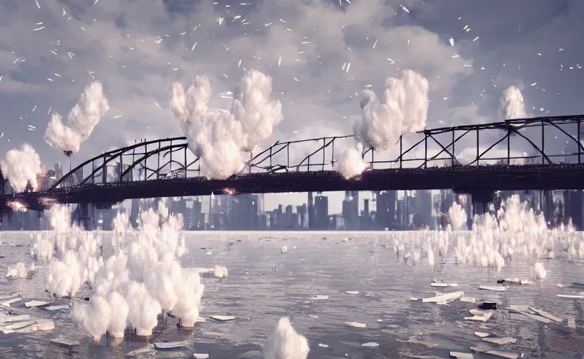 Prompt: explosions in the form of realistic white cotton plants on harbour bridge, huge white cotton everywhere on the destroyed harbour bridge, smooth, sharp focus, highly detailed, 3 d octane render, epic lighting, crazy atmosphere, lots of white cotton, 8 k, by goro fujita