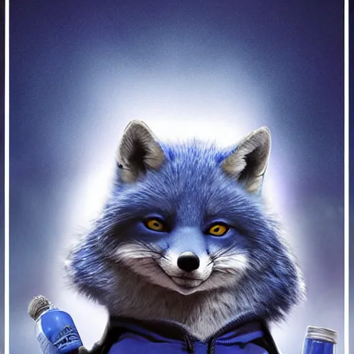 Image similar to modern ultra realistic comedy movie poster, featuring in anthropomorphic blue fox in a hoodie, promotional movie poster print