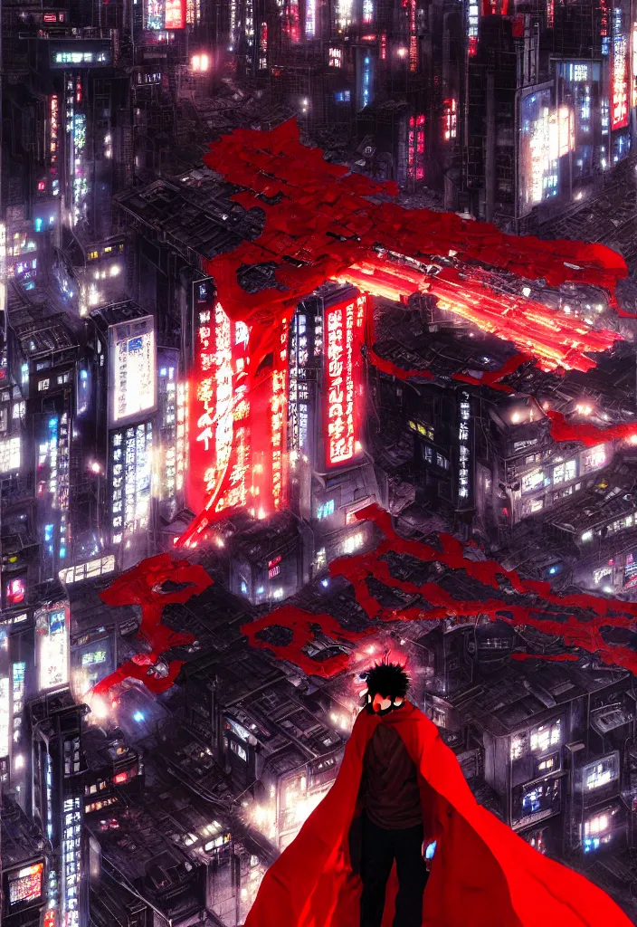 Image similar to tetsuo over neo - tokyo, red cape, akira | anime, matte painting, dystopian megacity neo - tokyo akira, shaded perfect, fine details. realistic shaded lighting anime manga artwork by katsuhiro otomo, akira, artgerm, jeremy lipkin and michael garmash and rob rey