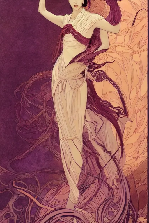 Image similar to full length portrait of a beautiful mysterious chinese fairy by eve ventrue, michael carson, andreas rochas, john watkiss, casey weldon, artgerm. art nouveau. tarot card by mucha. gloomhaven. swirly intricate linework background. gaudy colors, sharp edges. octane render