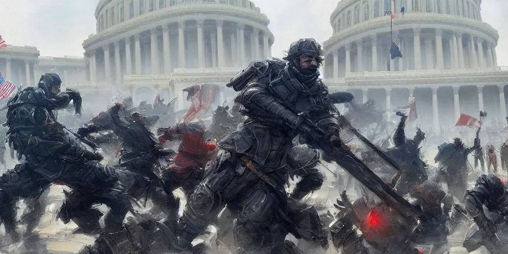 Image similar to character art by ruan jia, man rams barricade at the us capitol as capitol police descend