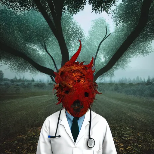 Prompt: An album cover, (fire), mask, stethoscope!, (doctor), 3d render, robot!, TV, (unreal engine), (rust), photograph, portrait, painting, (((forest))), (((trees)))