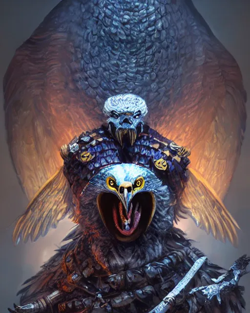 Prompt: Grinning Eagle, Anthropomorphized, as evil warlord general on skull throne, magic the gathering artwork, D&D, fantasy, cinematic lighting, centered, symmetrical, highly detailed, digital painting, artstation, concept art, smooth, sharp focus, illustration, volumetric lighting, epic Composition, 8k, art by Akihiko Yoshida and Greg Rutkowski and Craig Mullins, heroic pose, oil painting, cgsociety, Battlefield background, explosions, arrows