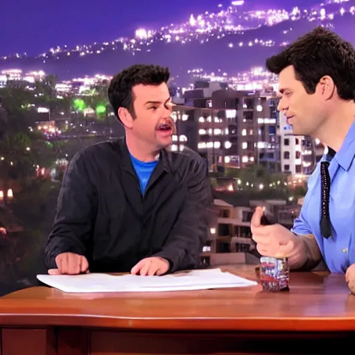 Prompt: Jimmy Kimmel interviewing Tobuscus, tv show, television, hyper realism, set photo, high resolution 8k, TMZ,