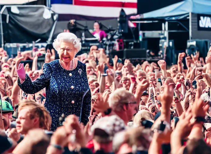 Image similar to photo still of queen elizabeth at vans warped tour!!!!!!!! at age 7 0 years old 7 0 years of age!!!!!!! throwing down in the mosh pit, 8 k, 8 5 mm f 1. 8, studio lighting, rim light, right side key light