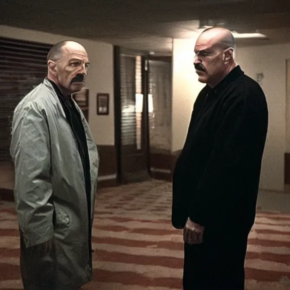 Image similar to Still of Walter White in The Sopranos at the Bada Bing talking with Tony Soprano, dark lighting