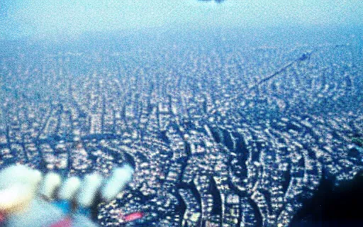 Prompt: A Filipino teenager flying above Metro Manila, wide shot, 35mm film, ethereal, by Iwai Shunji