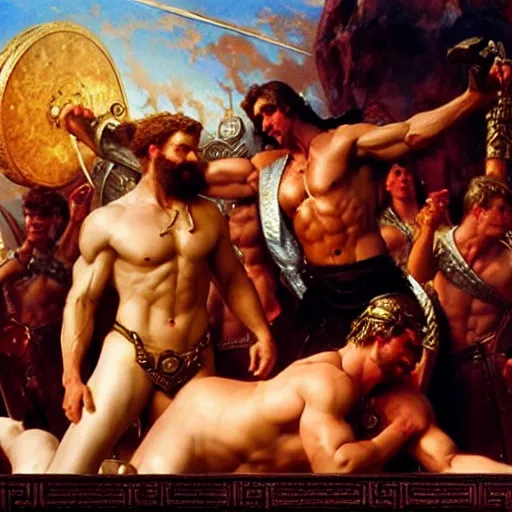 Prompt: ares and hercules dab in front of zeus the ruler of olympus, heavenly marble, ambrosia served on golden platters, painting by gaston bussiere, craig mullins, j. c. leyendecker, tom of finland