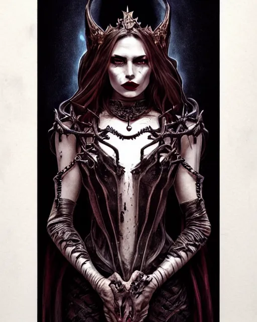 Image similar to full body portrait of an evil queen, dark magic, beautiful face, attractive young woman,heroic pose, full body, dramatic lighting, dark and horror, dust and blood, intricate, wild, highly detailed, digital painting, artstation, concept art, smooth, sharp focus, illustration, art by artgerm and greg rutkowski and alphonse mucha, footage from space camera