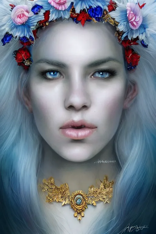 Image similar to a pale girl with white hair and sad blue piercing eyes, black orchid floral crown, distant expression , cinematic lighting, ultra detailed, sharp focus, golden background with white flowers, golden jewellery with blue and red sapphires, super realistic, 8k, art by artgerm and greg rutkowski and zdislav beksinski