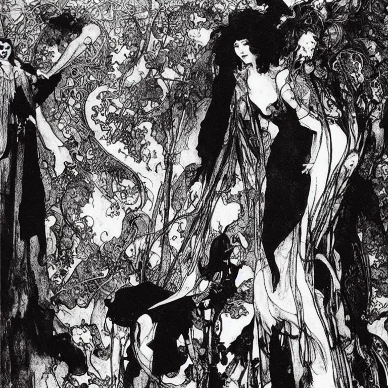 Image similar to nicholas cage stands in a black room with a black dress with a cut - out on the back, anton pieck, jean delville, amano, yves tanguy, alphonse mucha, ernst haeckel, edward robert hughes, stanisław szukalski and roger dean