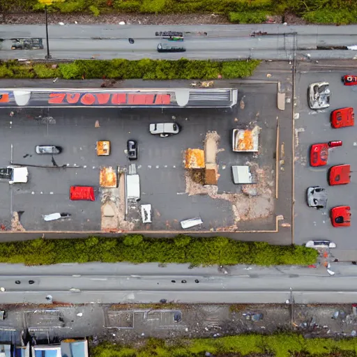 Image similar to top down aerial view of dilapidated gas - station with supermarket and shopping street in real life, desolate with zombies, dilapidated, zombies in the streets, nightmarish, some rusted style parked vehicles, sunny weather, few clouds, volumetric lighting, photorealistic, daytime, autumn, sharp focus, ultra detailed, cgsociety