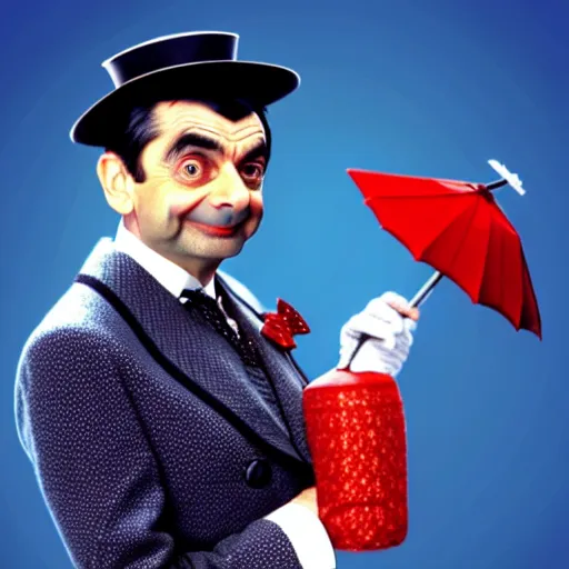 Image similar to mr bean as mary poppins. movie still. cinematic lighting.