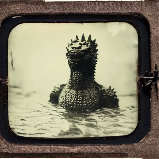 Image similar to tintype photo, underwater, Godzilla