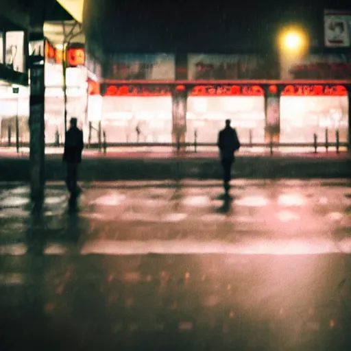 Prompt: concept, cinematic shot, heavy rain, night, shop with bright light inside by Wong Kar-Wai, blurry, volumetric, filmcamera style