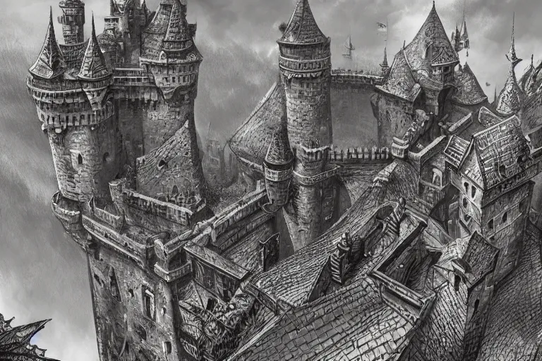 Image similar to A big keep overlooking the castle below it, metal, iron, texture, intricate, details, highly detailed, masterpiece, architecture, building, trending on artstation, focus, sharp focus, concept art, digital painting, fantasy, D&D, tabletop, rpg, roleplay