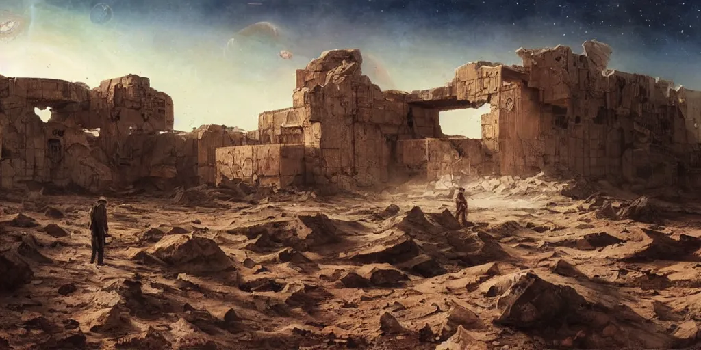 Image similar to supernova, neo brutalism space station ruins in the mars desert, painted by steve mccurry, ruan jia, raymond swanland, lawrence alma tadema, zdzislaw beksinski, norman rockwell, jack kirby, tom lovell, alex malveda, greg staples