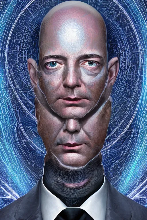 Prompt: cinematic portrait of an Emporer Jeff Bezos. Centered, uncut, unzoom, symmetry. charachter illustration. Dmt entity manifestation. Surreal render, ultra realistic, zenith view. Made by hakan hisim feat cameron gray and alex grey. Polished. Inspired by patricio clarey, heidi taillefer scifi painter glenn brown. Slightly Decorated with Sacred geometry and fractals. Extremely ornated. artstation, cgsociety, unreal engine, ray tracing, detailed illustration, hd, 4k, digital art, overdetailed art. Intricate omnious visionary concept art, shamanic arts ayahuasca trip illustration. Extremely psychedelic. Dslr, tiltshift, dof. 64megapixel. complementing colors. Remixed by lyzergium.art feat binx.ly and machine.delusions. zerg aesthetics. Trending on artstation, deviantart