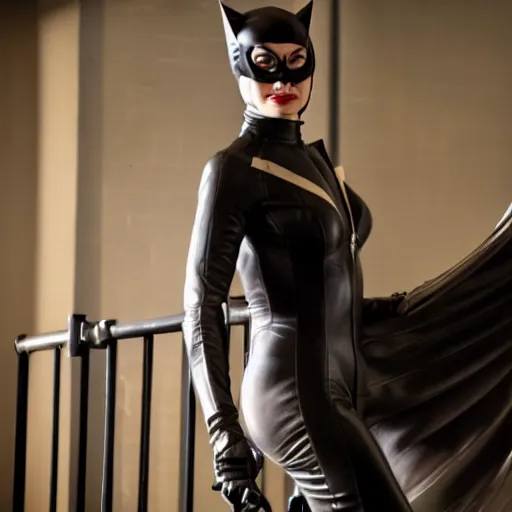 Image similar to Margot Robbie as real-life Catwoman, cinematic, Wide-shot, atmospheric lighting, directed by Quentin Tarantino, extreme detail, 8K, movie still
