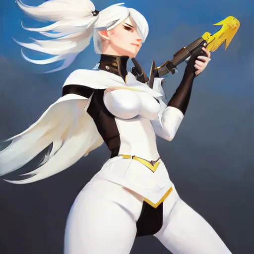 Prompt: greg manchess portrait painting of the rwby weiss schnee as overwatch character, medium shot, asymmetrical, profile picture, organic painting, sunny day, matte painting, bold shapes, hard edges, street art, trending on artstation, by huang guangjian and gil elvgren and sachin teng