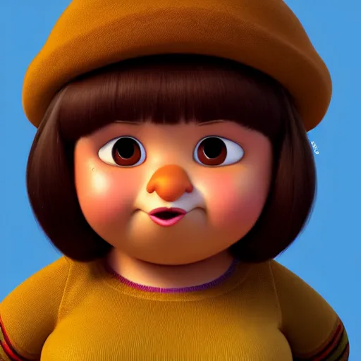 Prompt: A portrait of a chubby woman, a cute 3d cgi toon woman with brown hair in a Bob, brown eyes, full face, olive skin, romanian heritage, cute outfit, medium shot, mid-shot, hyperdetailed, 8k, trending on artstation, as a Pixar character