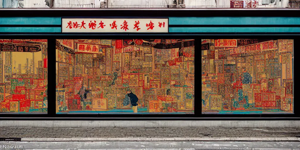 Image similar to a shop window in hong kong, by dan mumford and peter doig and edward hopper, minimal, black in, thick lines highly detailed, muted colours, overlaid with chinese adverts, 8 k