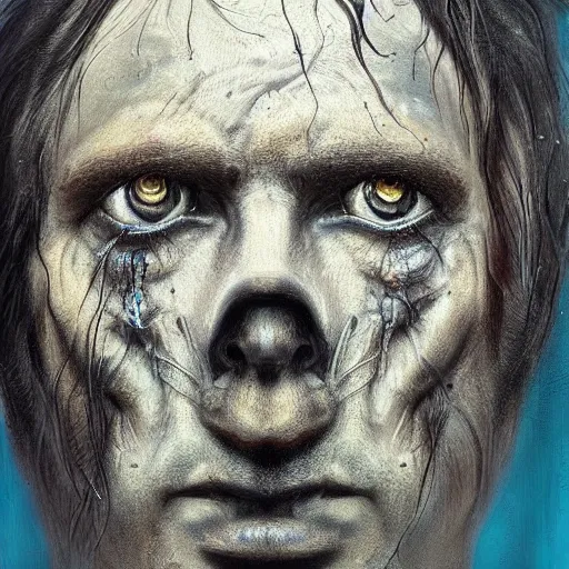 Image similar to surreal portrait of a man by Greg Rutkowski and H.R Giger, he is about 30 years old, messy long black hair, tired appearance, roman nose, peaceful but sad and resigned expression, martyred as a biomechanical transhuman cyborg god, eyes glow electric blue, cosmic void background, frightening, fascinating, highly detailed portrait, digital painting, book cover, artstation, concept art, smooth, sharp foccus ilustration, Artstation HQ.