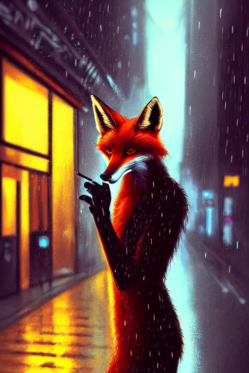 Prompt: beautiful portrait of a tall female anthro fox, smoking a cigarette in the rain, shoulders taller than the crowd, in a wet street of a city, cyberpunk, harsh neon lights, highly detailed, deep shadows, digital painting, shallow depth of field, illustration, art by sakimichan, artgerm