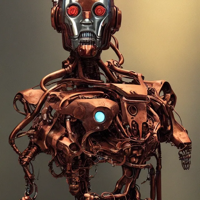 Prompt: portrait of a an oxidized copper Ultron from Age of Ultron, clockwork steampunk, only head and chest, by Beksinski and Michael Whelan, trending on artstation, 4k