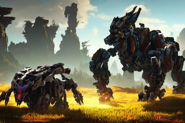 Image similar to grazer machine mecha animal beast robot of horizon forbidden west horizon zero dawn bioluminiscence global illumination ray tracing hdr fanart arstation by sung choi and eric pfeiffer and gabriel garza and casper konefal