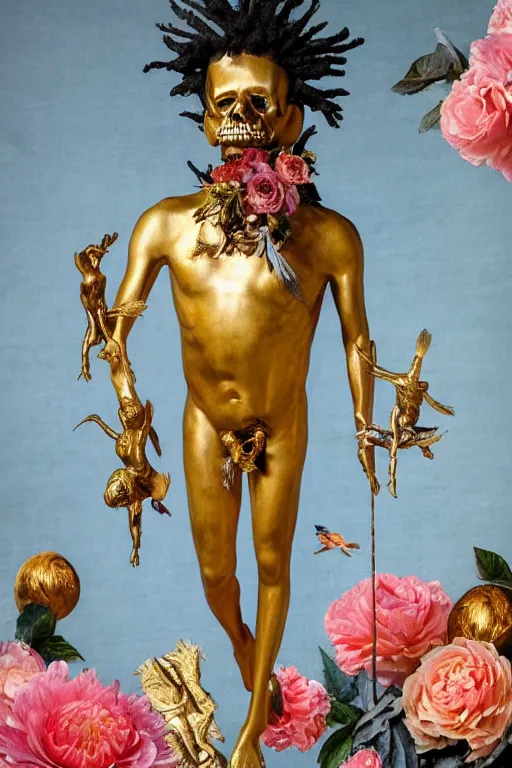 Image similar to Jean-Michel Basquiat as a full-body golden baroque statue of Icarus in the posing like a bird for flight, crown of peach roses, flowing pink-colored silk, fabric, flowers. baroque elements, human skull. full-length view. baroque element. intricate artwork by caravaggio. many many birds birds on background. Trending on artstation. halo. octane render, cinematic, hyper realism, octane render, 8k, depth of field, 3D