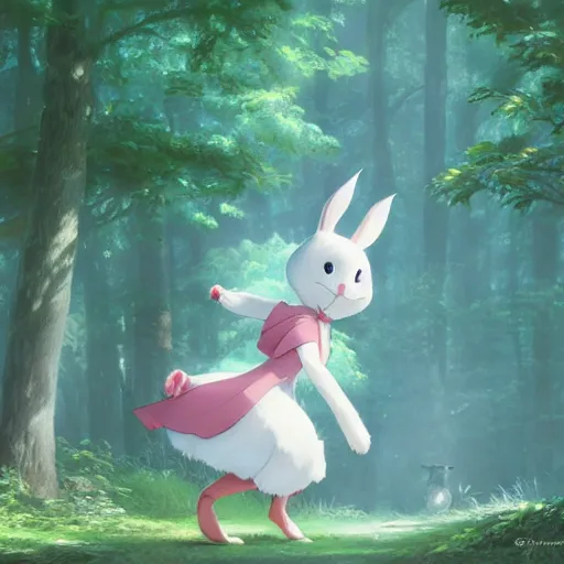 Image similar to concept art painting of an anthropomorphic white rabbit wearing a turquoise dress, in the deep forest, realistic, detailed, cel shaded, in the style of makoto shinkai and greg rutkowski and james gurney