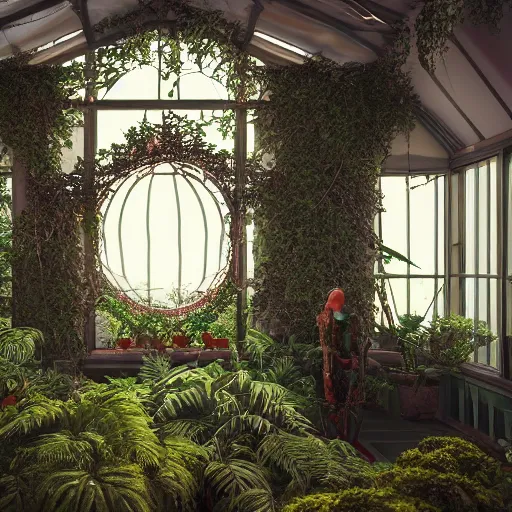 Prompt: sunroom filled and made of plants intricate artwork by artstation. halo. octane render, cinematic, hyper realism, octane render, 8k, bokeh, demonic, dark, devil, demons, mist, red illuminating fog, rocks, hell. scheme.