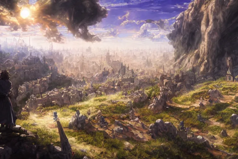 Image similar to a detailed matte landscape painting of king richard the lionhearted as a shonen anime protagonist attacking jerusalem, 8 k, volumetric lighting, in the style of disney, art by kentaro miura and akira toriyama